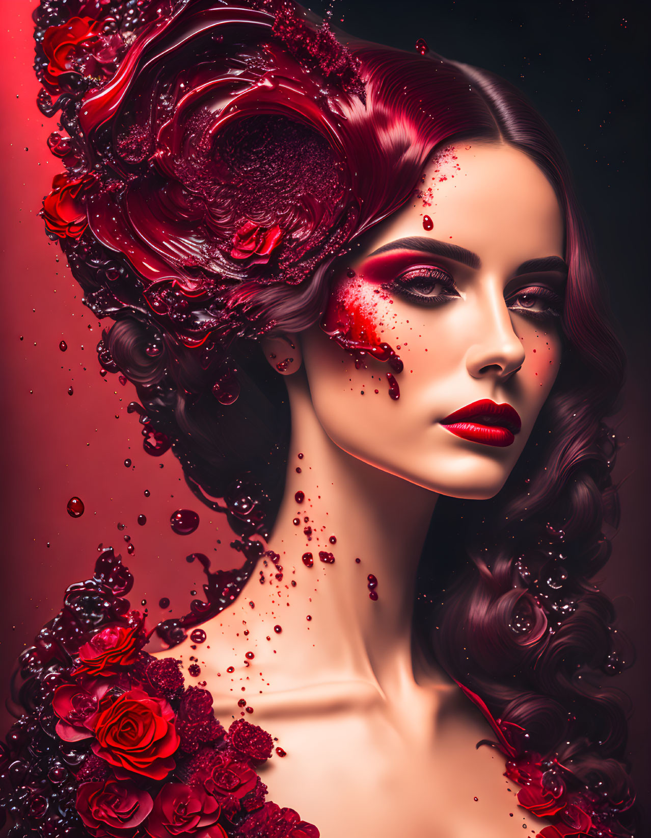 Surreal portrait of woman with swirling red liquid floral headdress