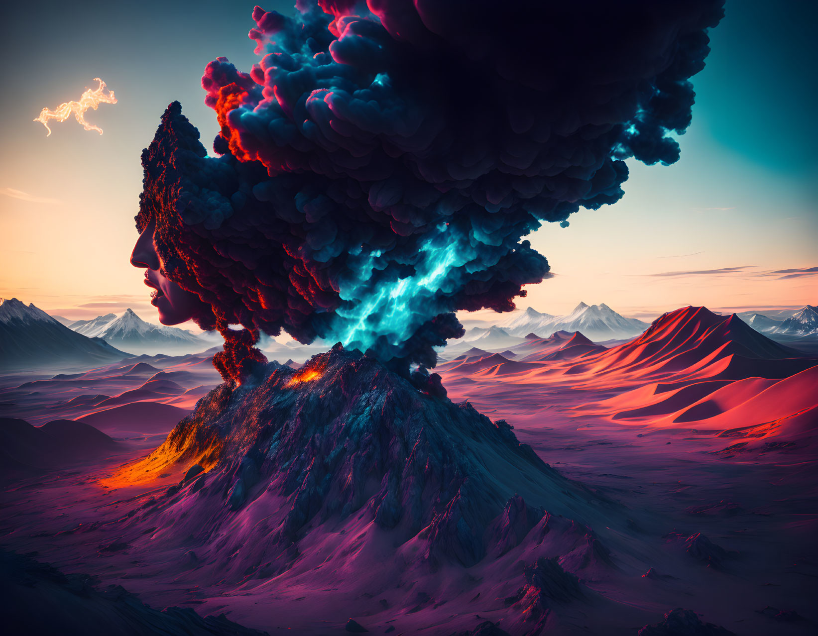 Dramatic volcanic eruption with blue and orange clouds in twilight sky