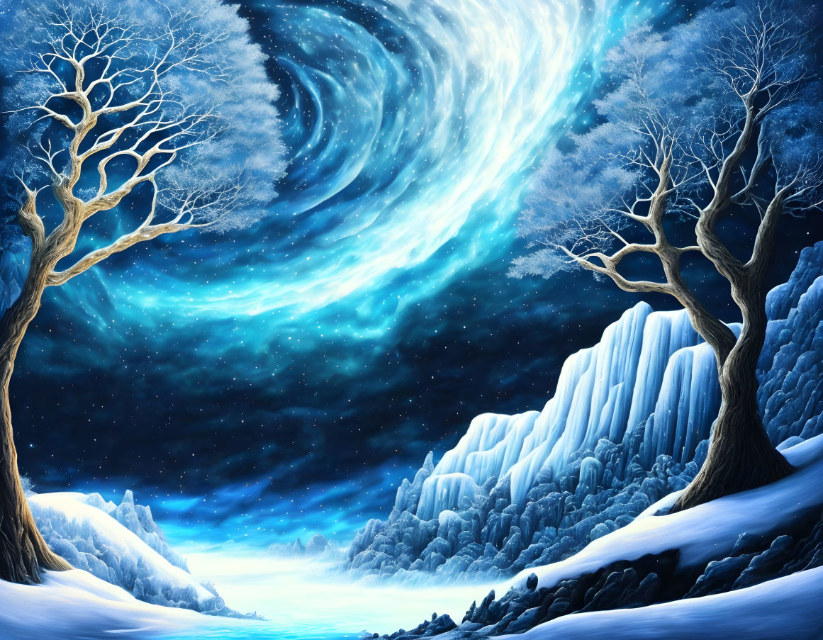 Winter Night Scene: Starry Sky, Snowy Cliffs, Leafless Trees