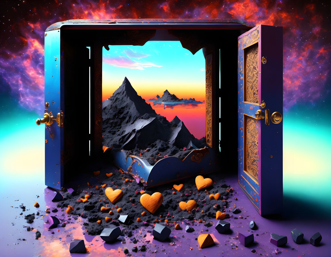 Ornate open doorway to surreal landscape with mountains, colorful sky, floating hearts, and broken pieces