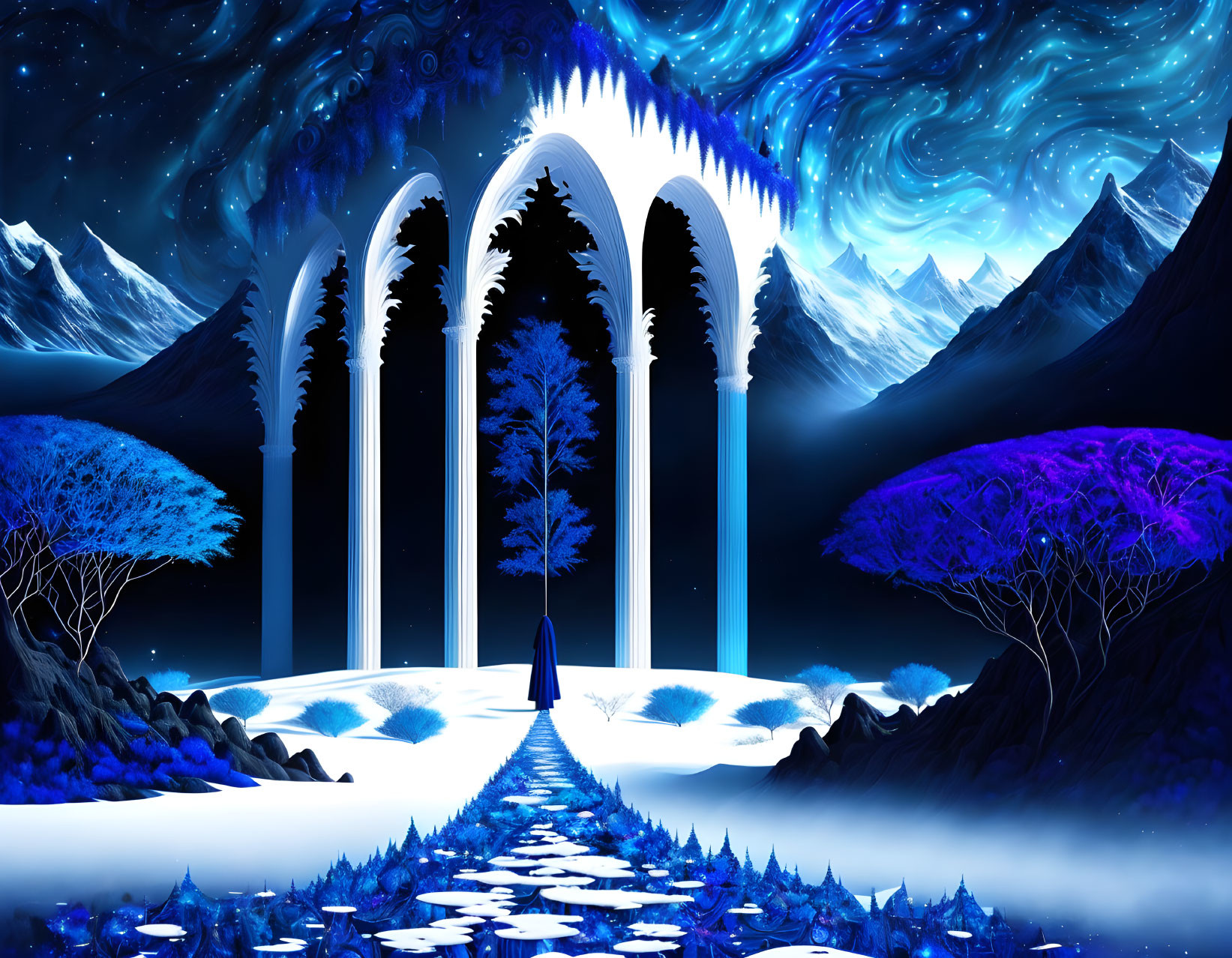 Enchanting night scene with glowing blue trees, starry sky, snow, mountains, and arch