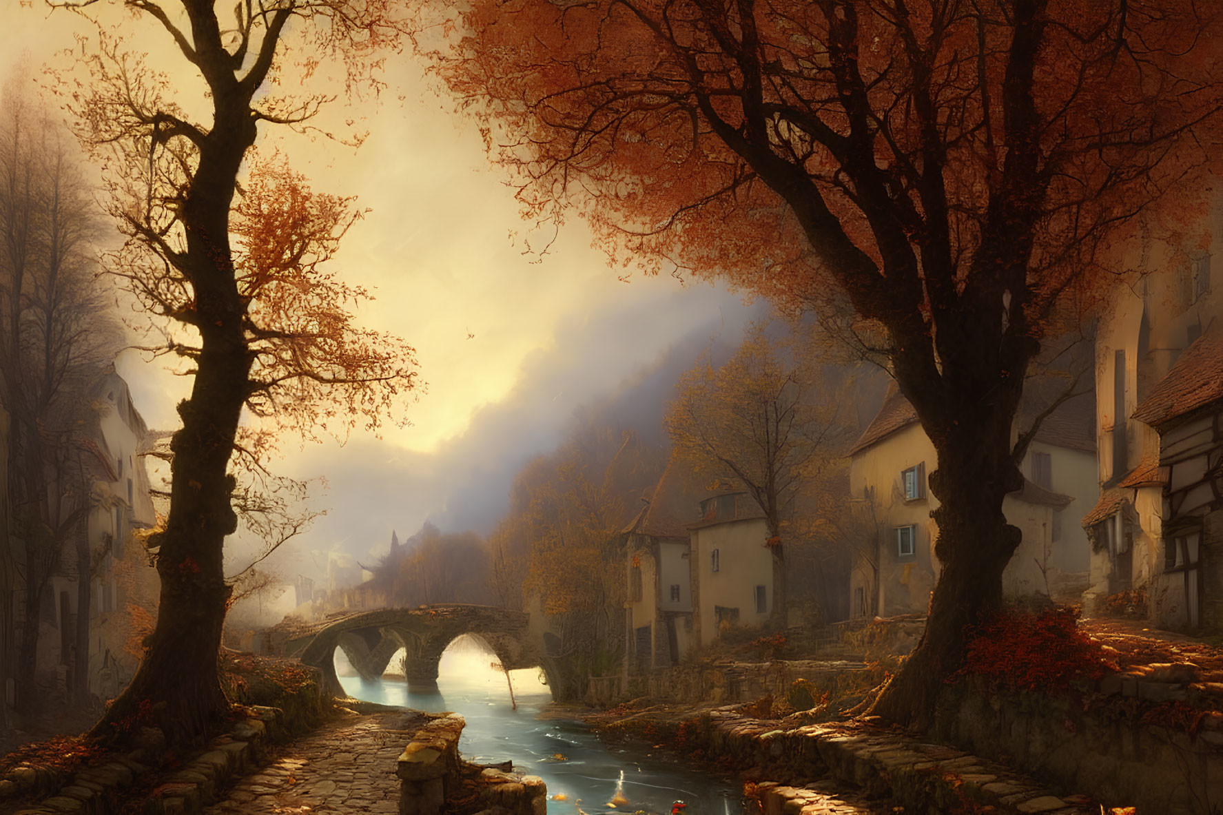 Tranquil autumn landscape with stone bridge, river, and quaint houses