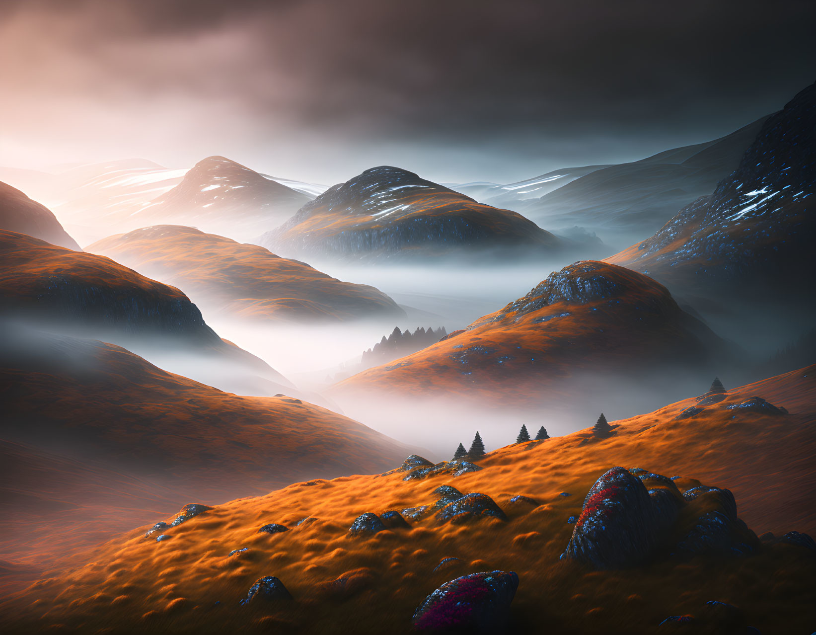 Surreal misty landscape with glowing orange grass and dark mountains