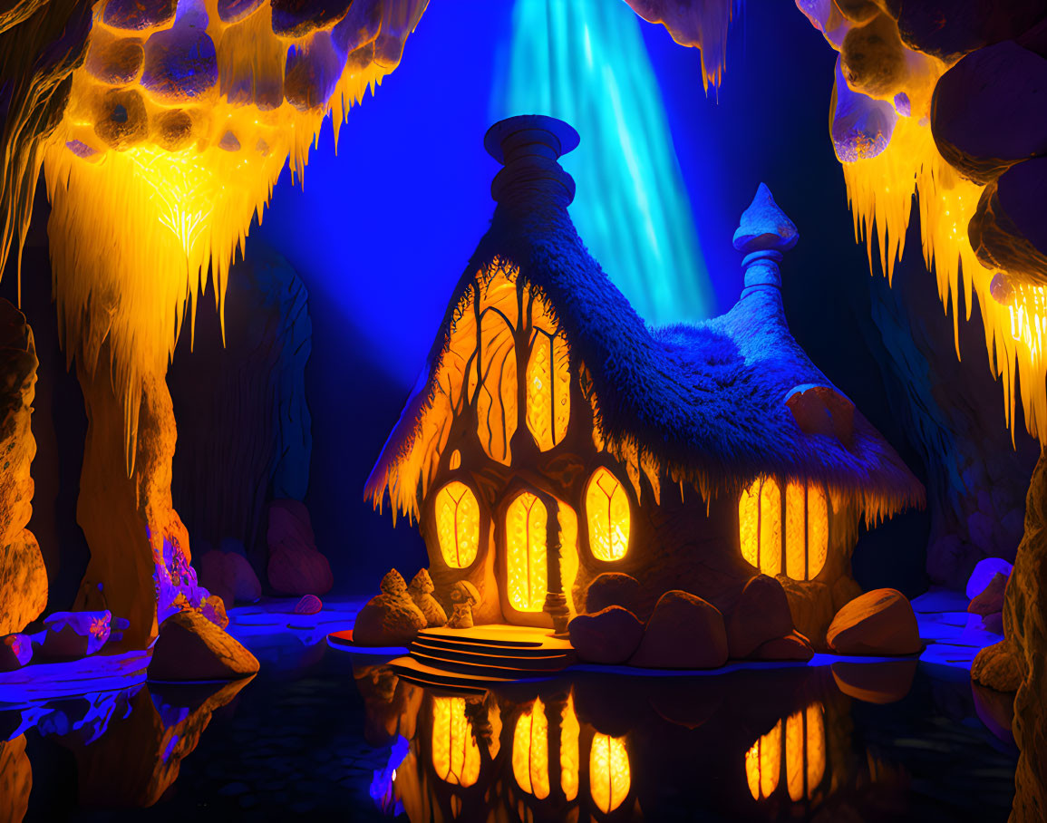 Enchanting Fantasy Cave with Glowing Thatched-Roof Cottage