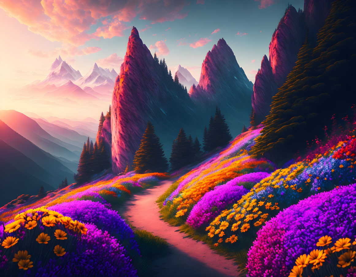 Scenic sunset landscape: winding path, flower-covered hills, purple mountains