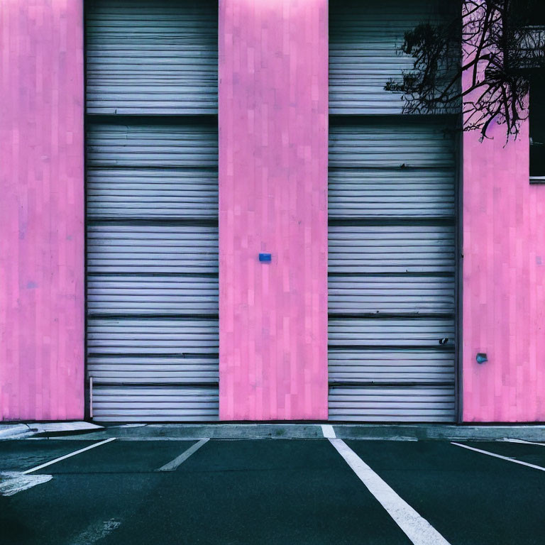 Three large grey roller shutter doors on vibrant pink wall with empty parking spaces.