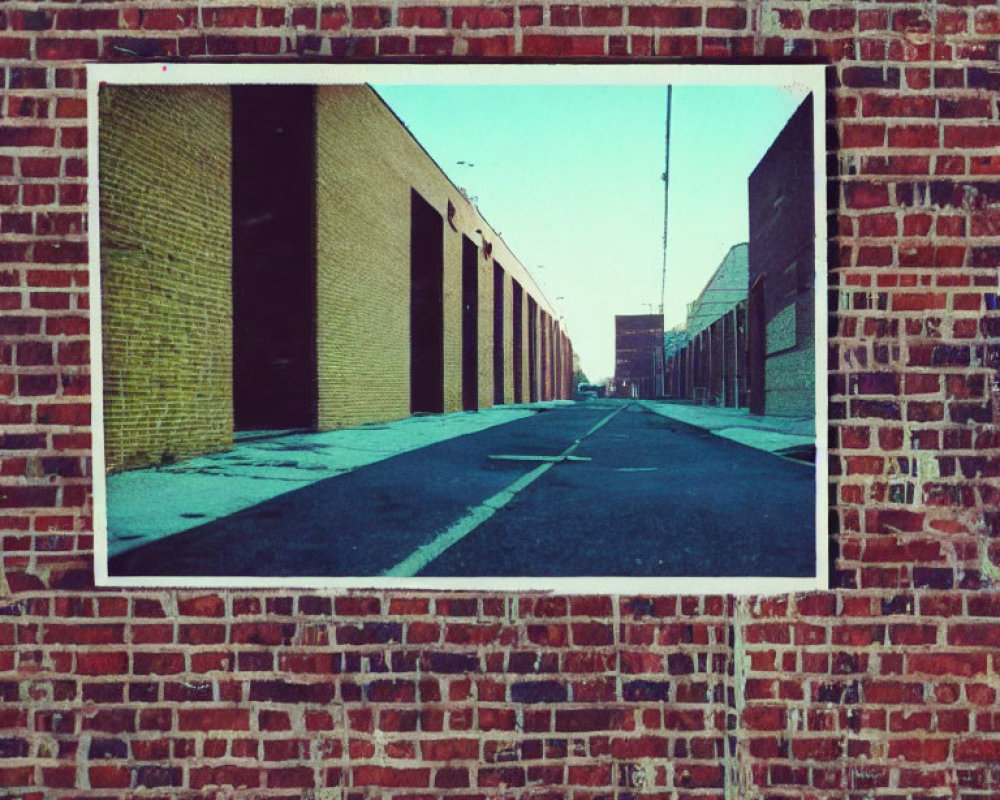 Urban alleyway photograph displayed on brick wall