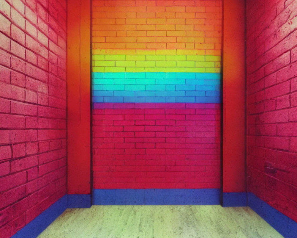 Colorful Rainbow Wall Transition with Blue Trim on Textured Floor