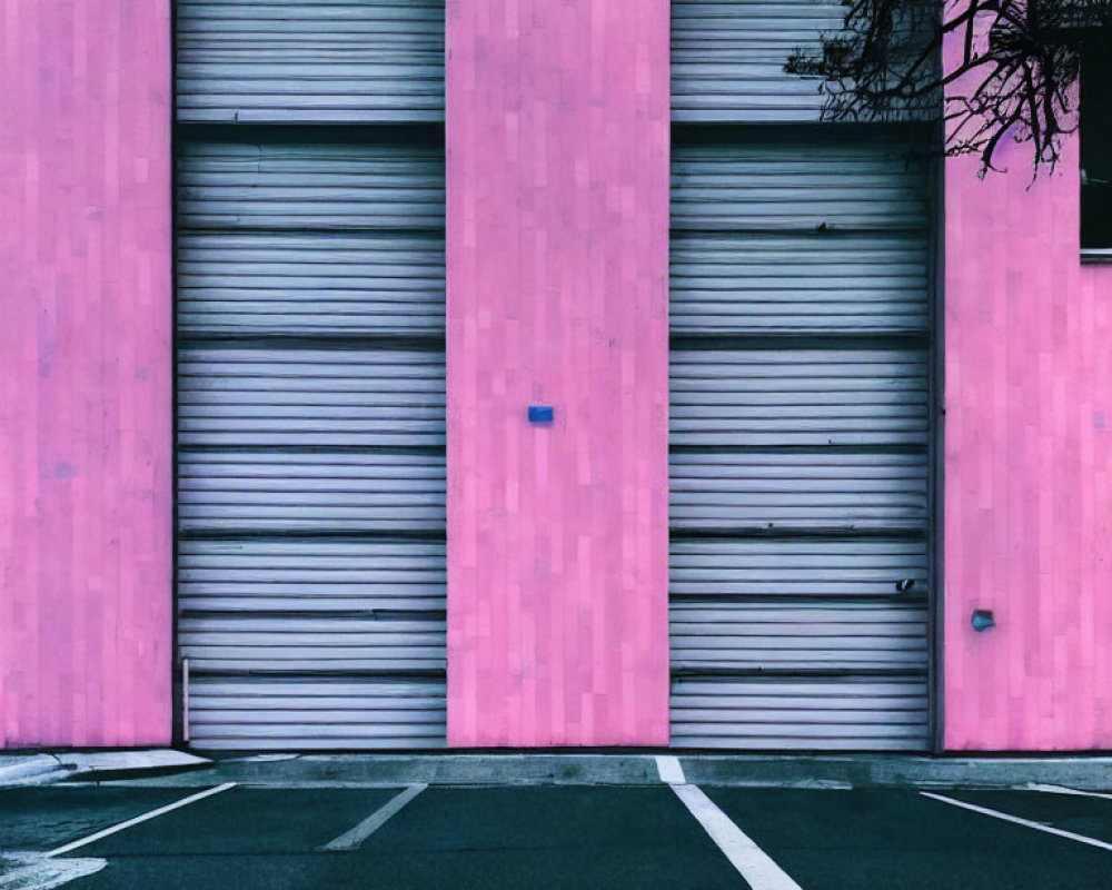 Three large grey roller shutter doors on vibrant pink wall with empty parking spaces.