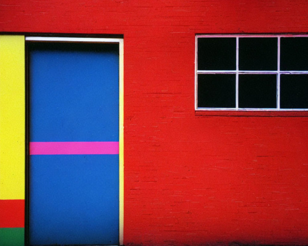 Colorful Striped Door Against Red Wall with White Window Frame