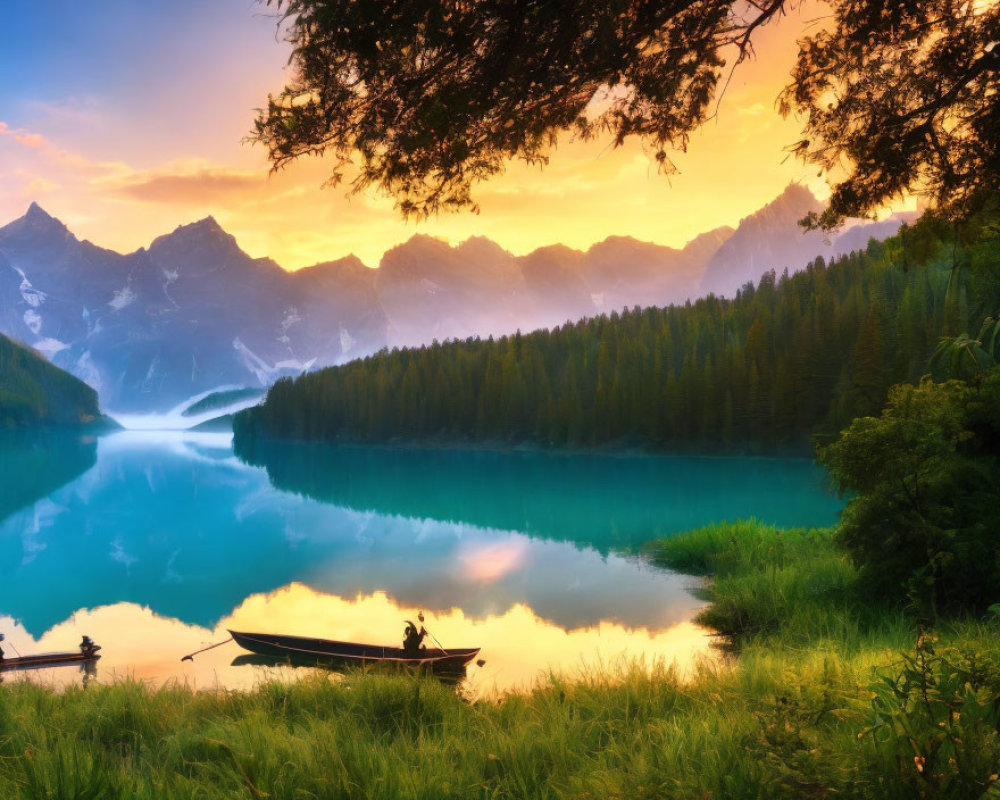 Tranquil sunset scene at a lake with boat, trees, and mountains