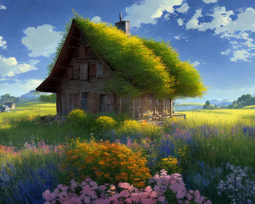 Rustic wooden cottage with green roof and wildflowers in a sunny setting