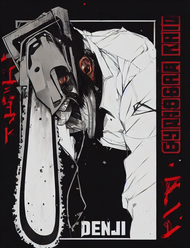 Male character with chainsaw blade head in blood-stained shirt - "DENJI" text included