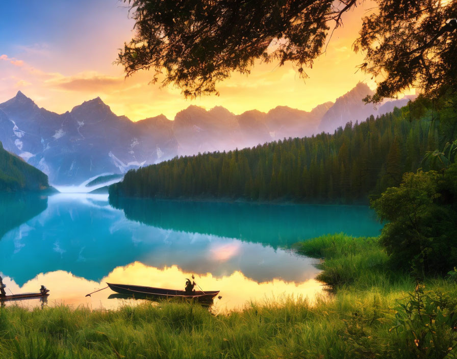 Tranquil sunset scene at a lake with boat, trees, and mountains