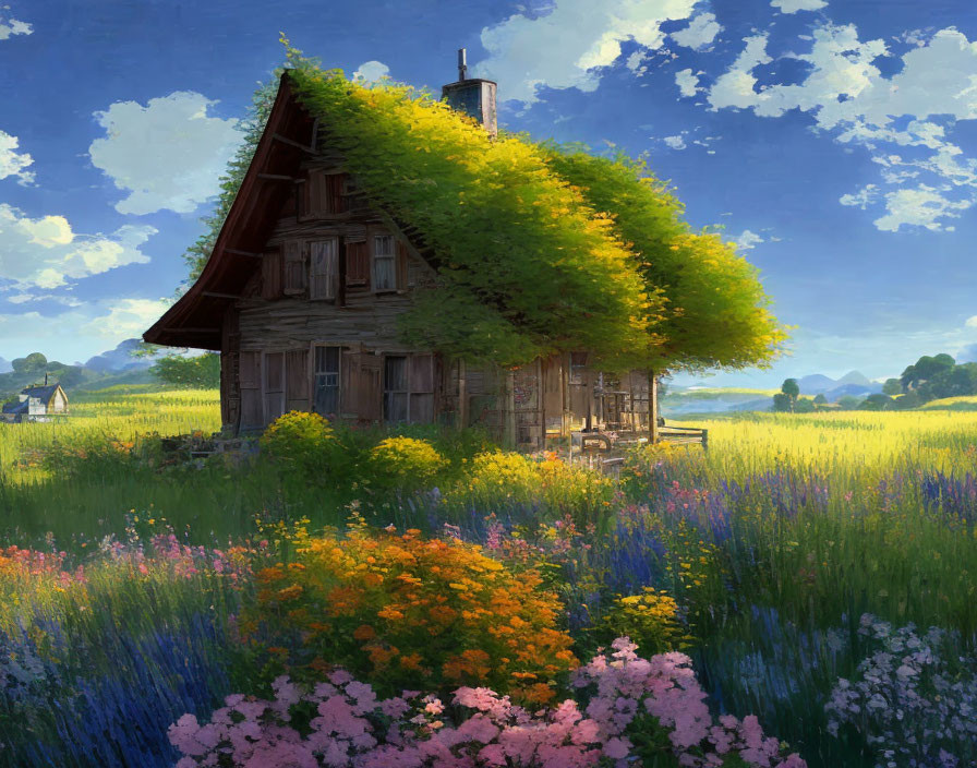 Rustic wooden cottage with green roof and wildflowers in a sunny setting