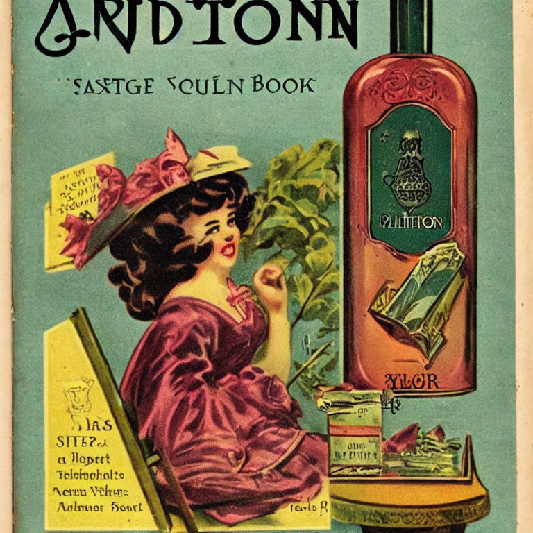 Vintage advertisement with smiling woman, Sandtorn bottle, books, and greenery.