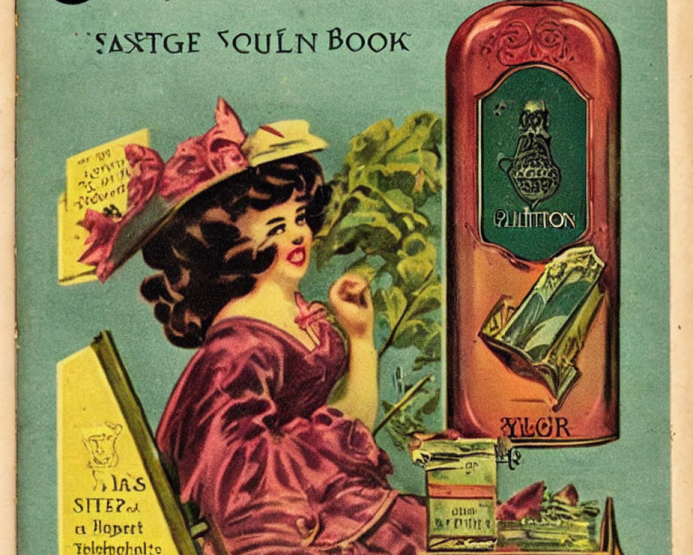 Vintage advertisement with smiling woman, Sandtorn bottle, books, and greenery.