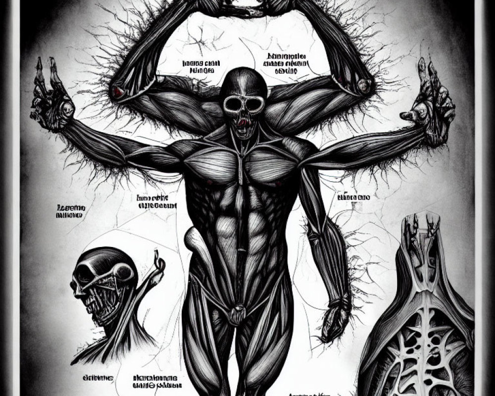 Detailed Human Anatomy Illustration with Exposed Muscles and Skeleton