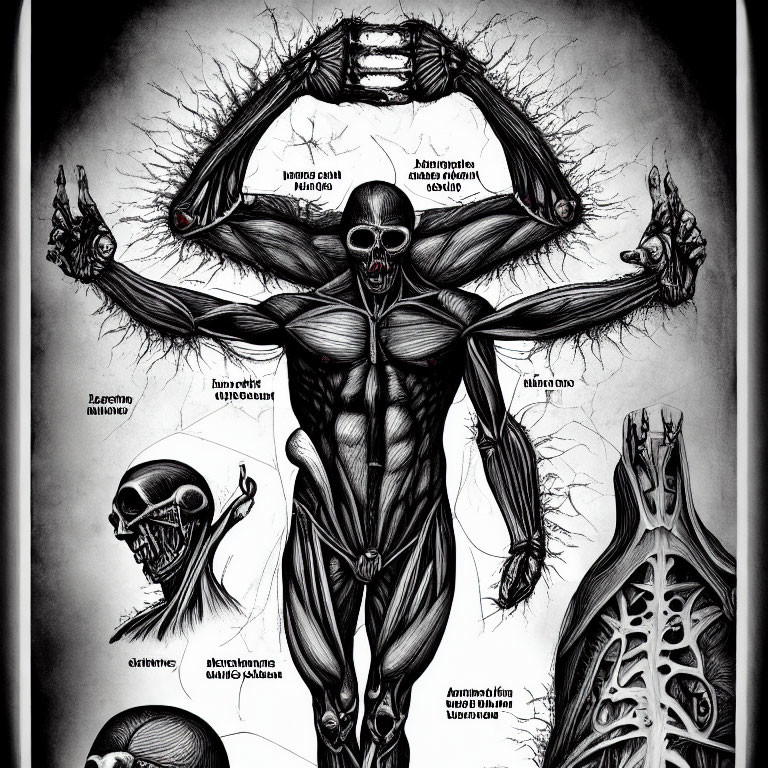 Detailed Human Anatomy Illustration with Exposed Muscles and Skeleton