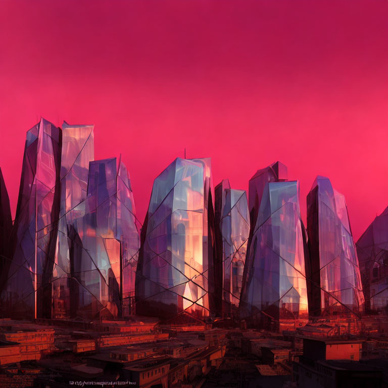 Futuristic crystal-like buildings in dramatic urban landscape under crimson sky