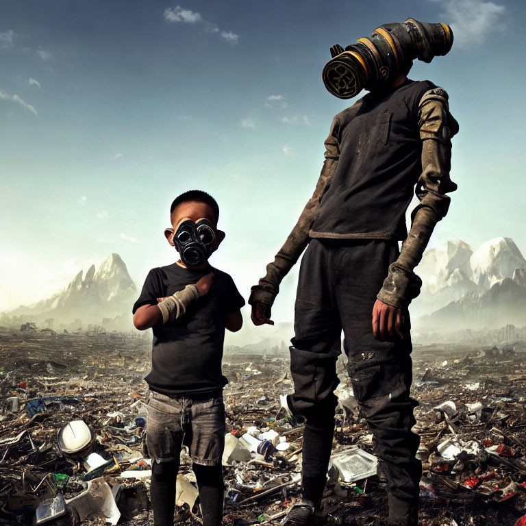 Two people in gas masks surrounded by pollution and debris with mountains in the background