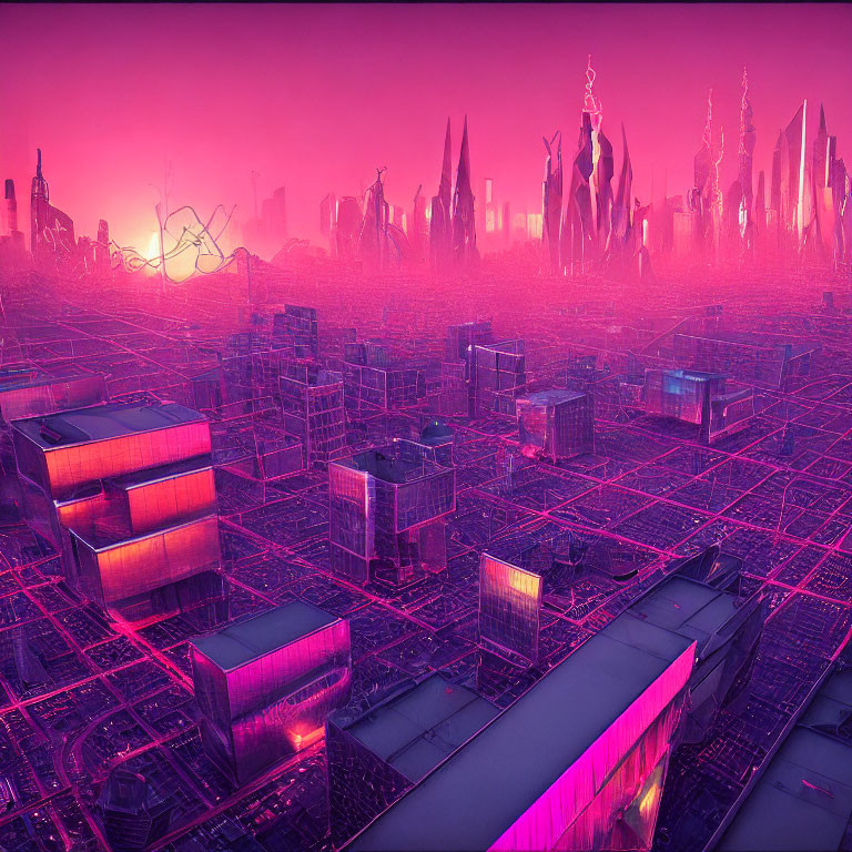 Futuristic cityscape at dusk with neon lights and skyscrapers