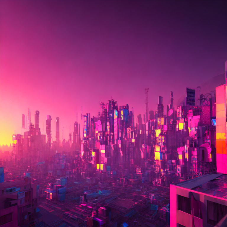 Futuristic cityscape with neon colors at sunset