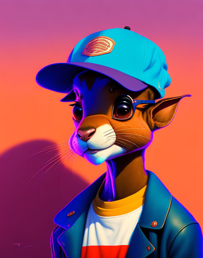 Anthropomorphic deer digital art with blue cap and sunglasses