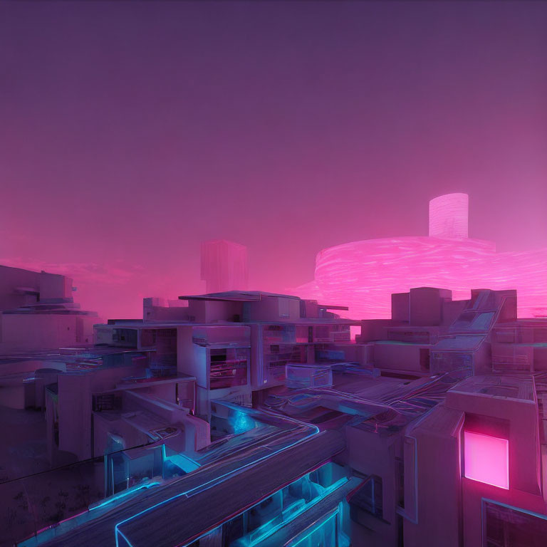 Futuristic cityscape with pink and blue neon lights on modern buildings