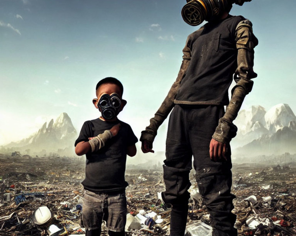 Two people in gas masks surrounded by pollution and debris with mountains in the background