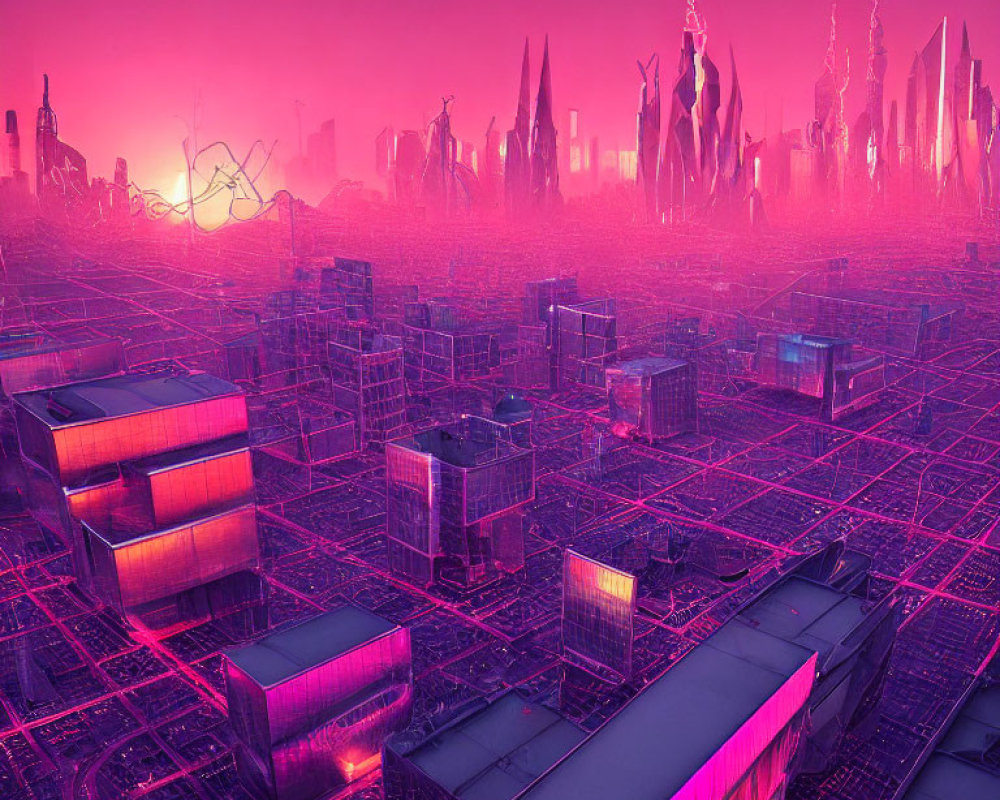 Futuristic cityscape at dusk with neon lights and skyscrapers