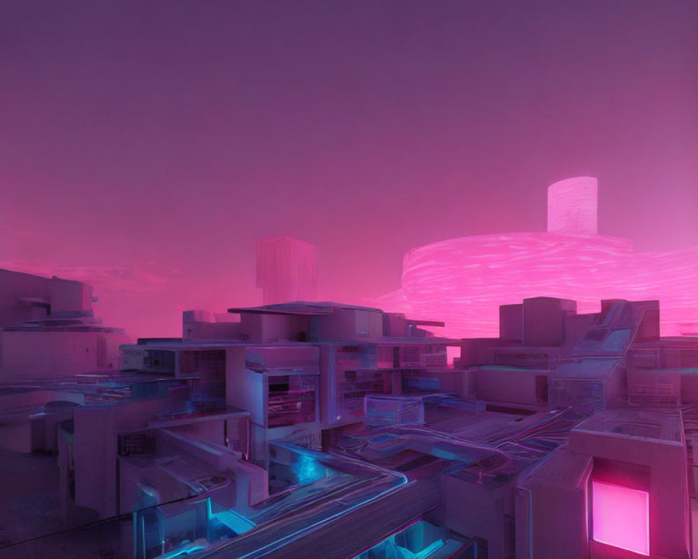 Futuristic cityscape with pink and blue neon lights on modern buildings