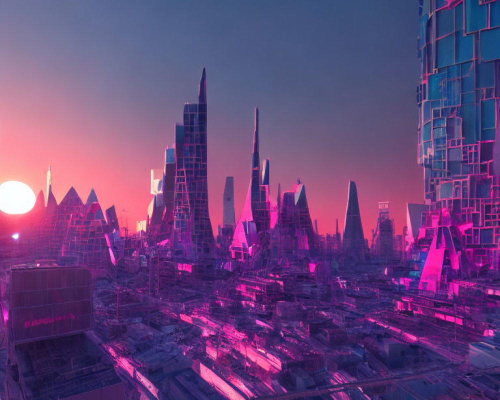 Futuristic cityscape with pink and purple hues at sunset