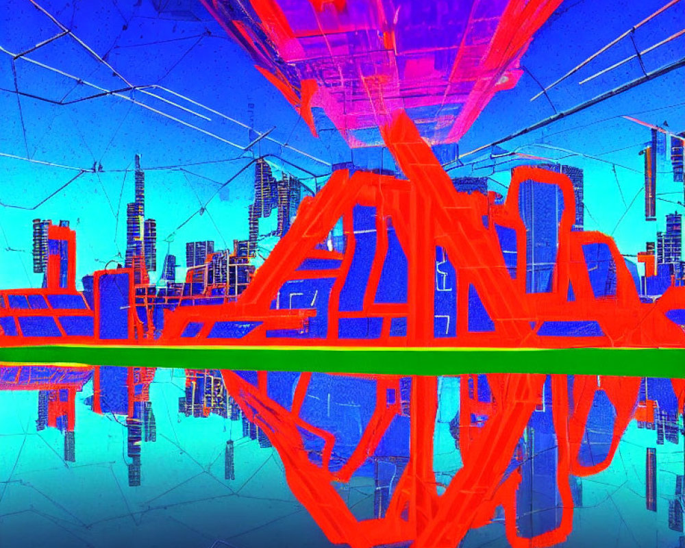 Futuristic city digital artwork with orange structures and blue neon outlines