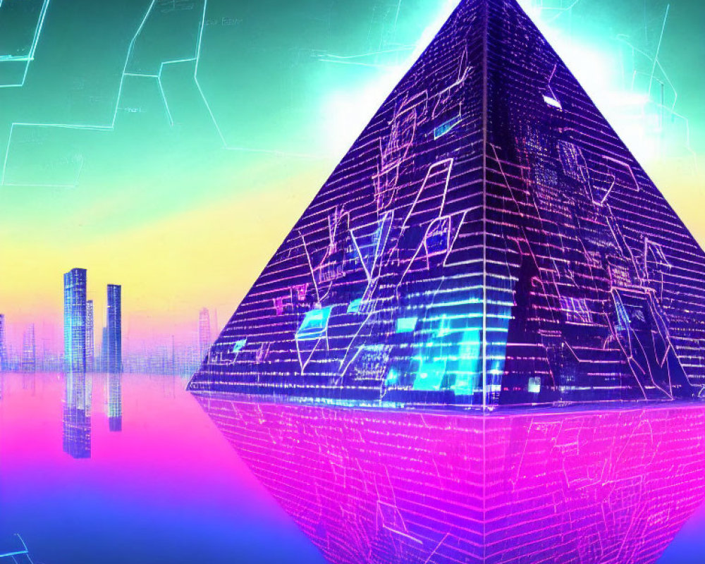 Futuristic neon pyramid reflected on tranquil surface