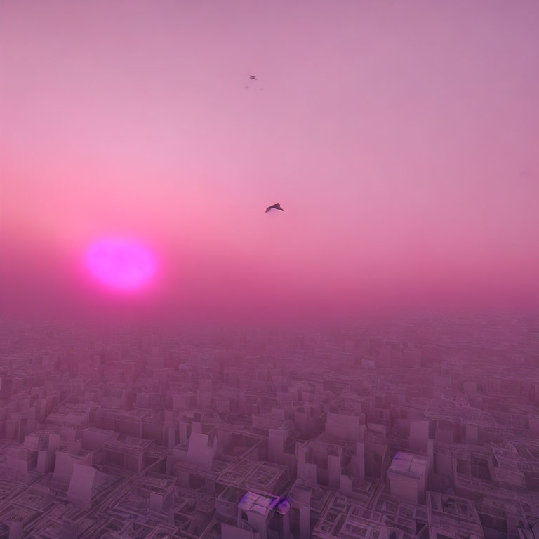 Bird flying over pink-hazed cityscape at sunset