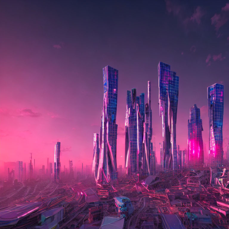 Twisted skyscrapers in futuristic cityscape at sunset