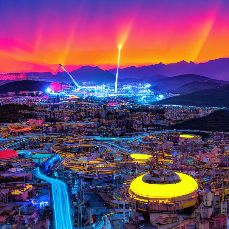 Futuristic cityscape at sunset with neon lights & glowing buildings