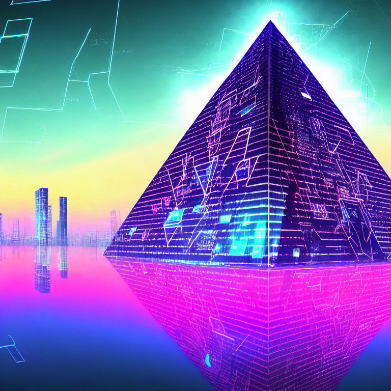 Futuristic neon pyramid reflected on tranquil surface