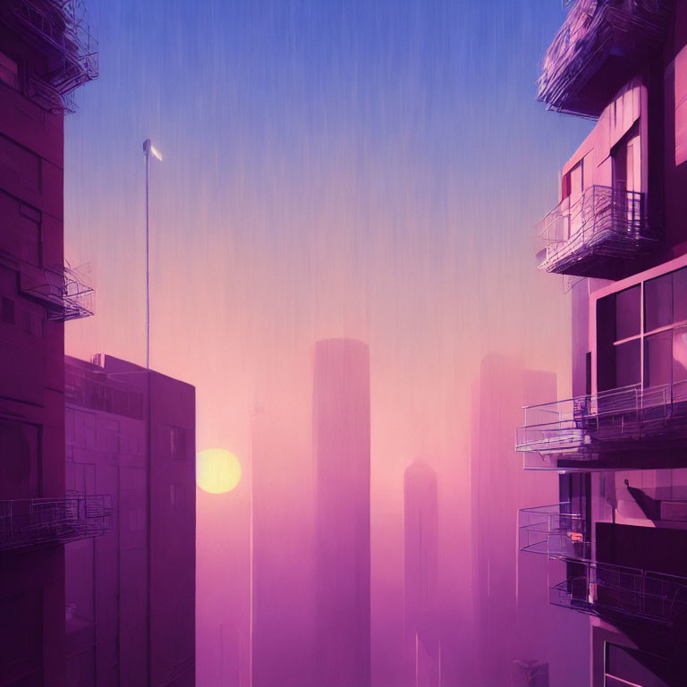 Purple-hued surreal cityscape with skyscrapers and balconies at sunset