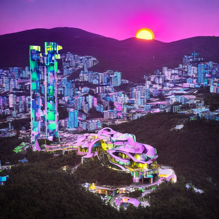 Futuristic skyscrapers in illuminated cityscape at dusk