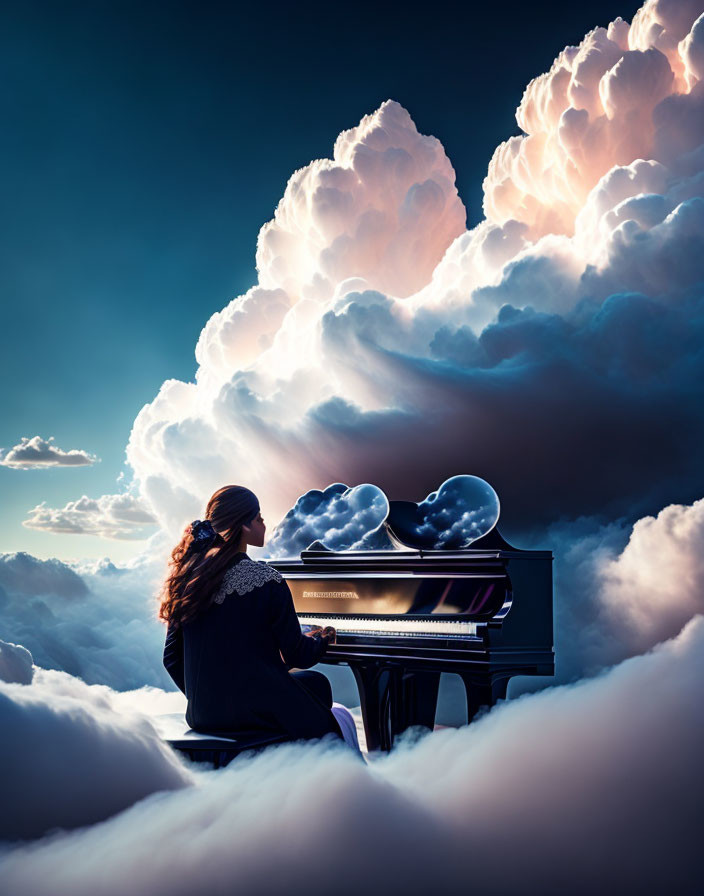 Person playing piano in dreamlike sky setting