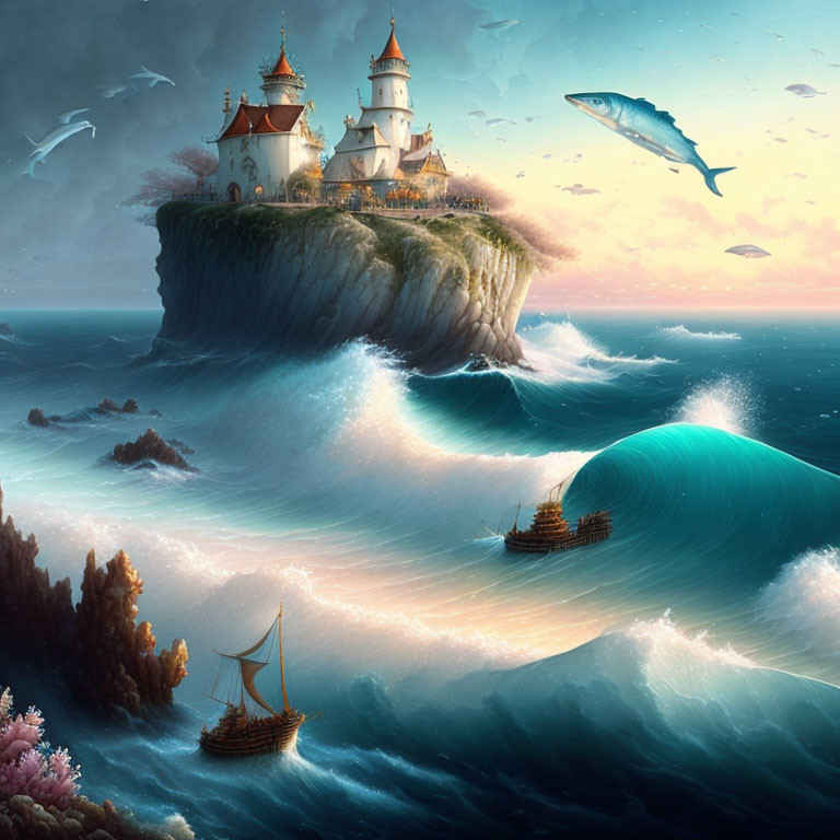 Fantastical seascape with sailing ships, soaring fish, castle on cliff island, serene ocean at