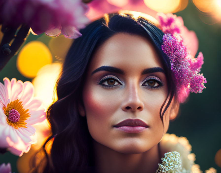 Serene woman surrounded by vivid flowers and warm backlighting