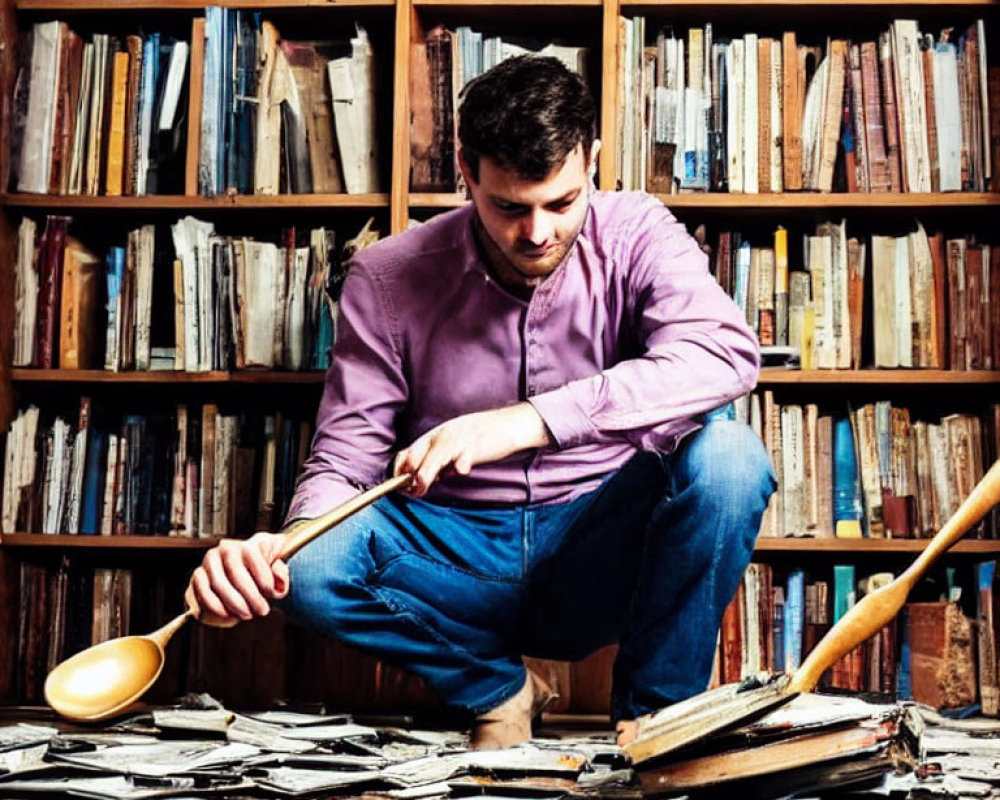 Man in purple shirt with giant wooden spoon among shattered vinyl records