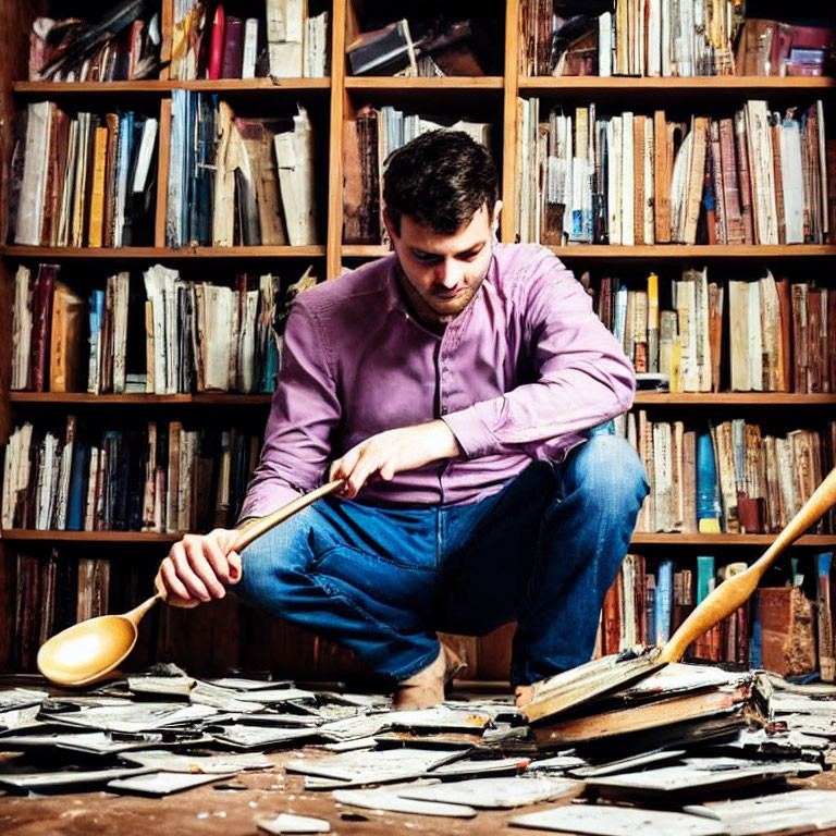 Man in purple shirt with giant wooden spoon among shattered vinyl records