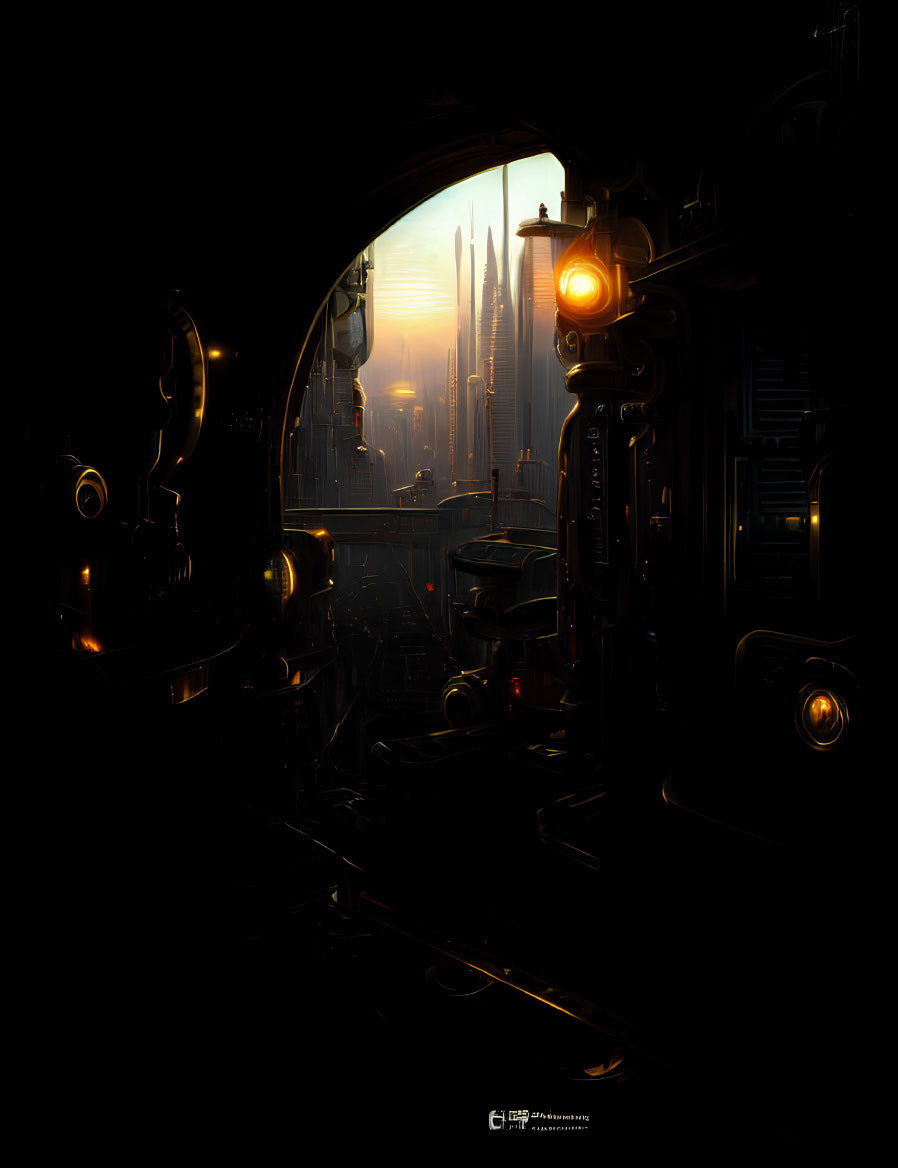 Dark futuristic cityscape through round window with machinery details