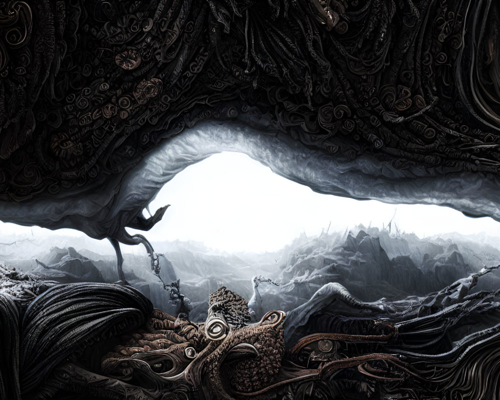 Dark Cave with Alien-like Textures and Solitary Figure gazing at Bright Exit