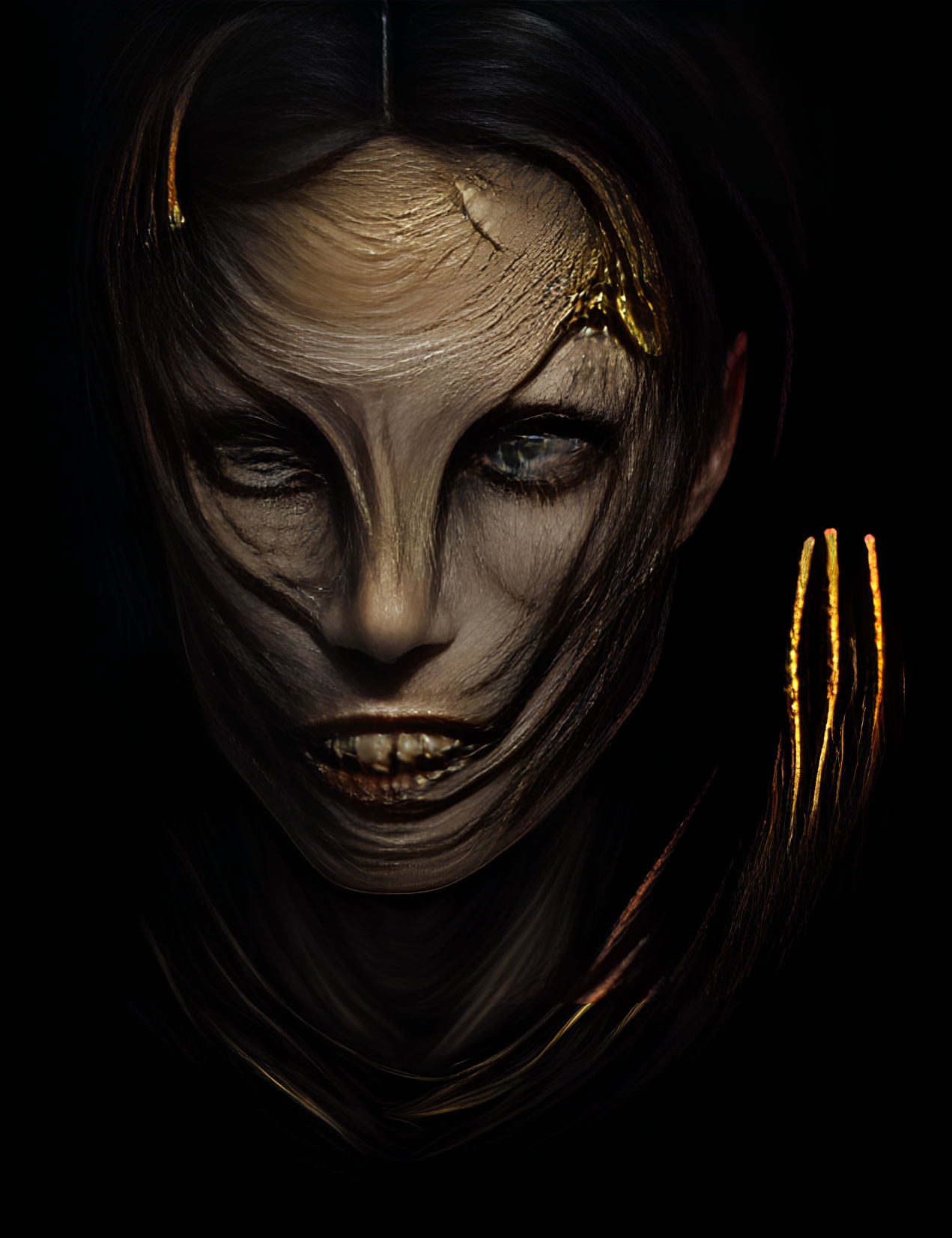 Artistic portrait with gold accents and intense gaze