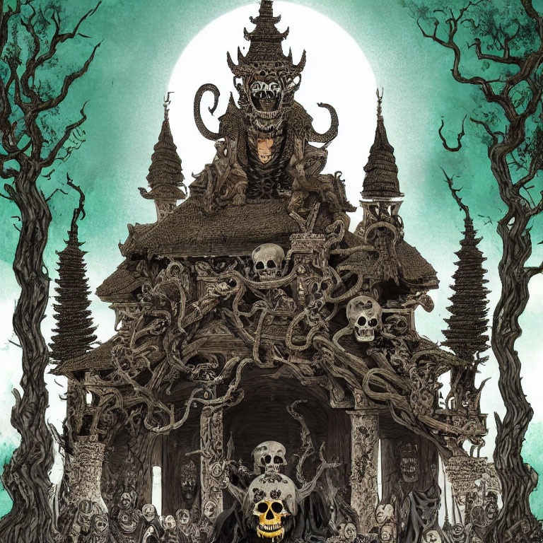 Dark skeletal figure on skull-adorned temple under full moon